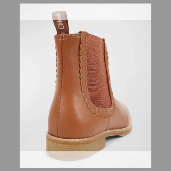 Chloe Girl's Leather Scallop-Trim Ankle Boots, (Color brown Size:35EU (4US KID) - Picture 3 of 11
